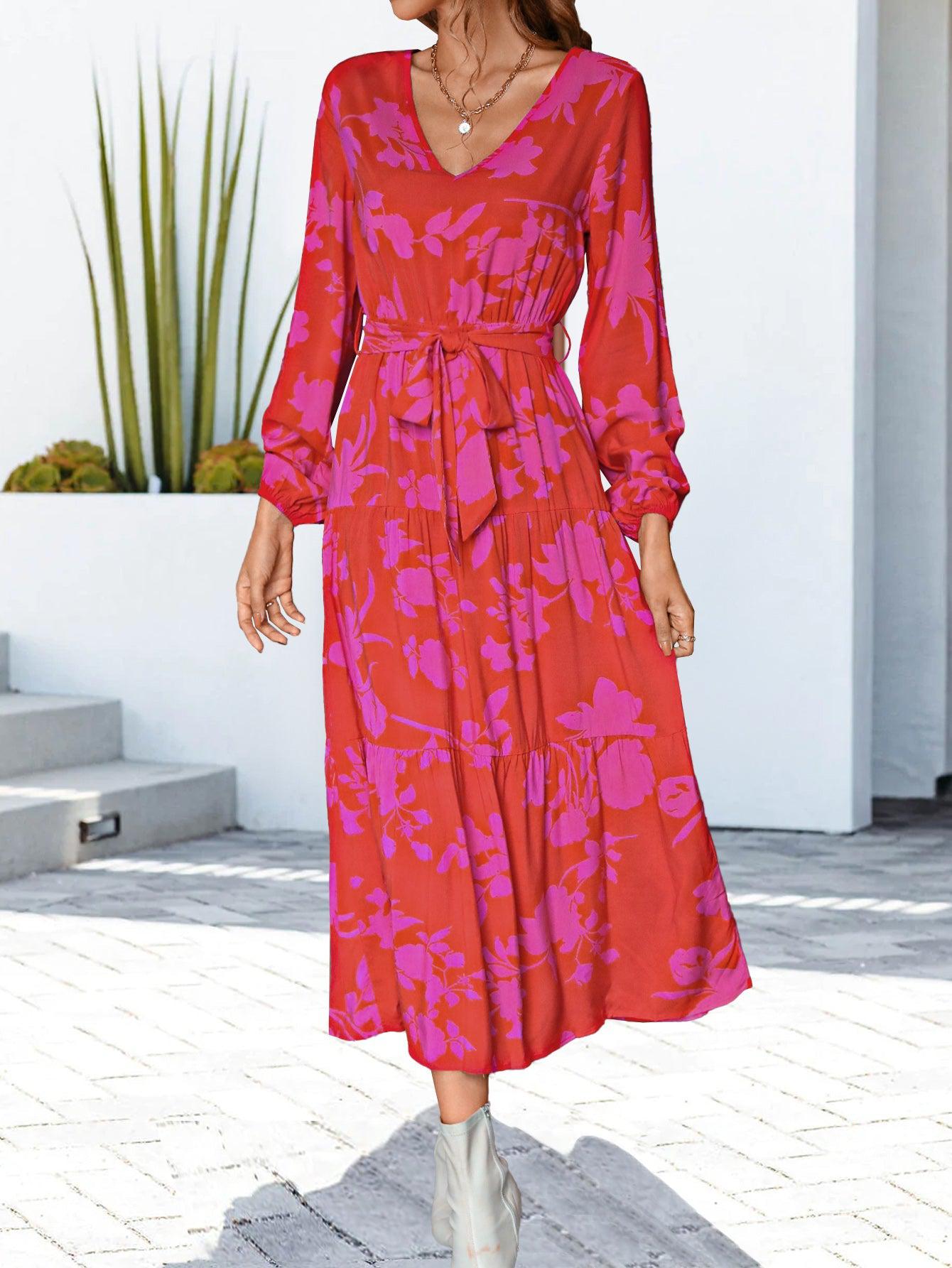 Floral V-Neck Long Sleeve Dress BLUE ZONE PLANET