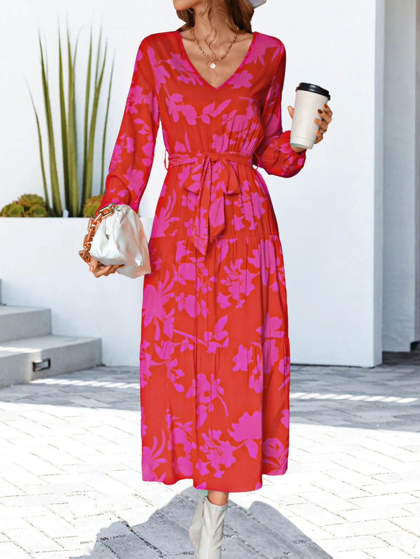 Floral V-Neck Long Sleeve Dress BLUE ZONE PLANET
