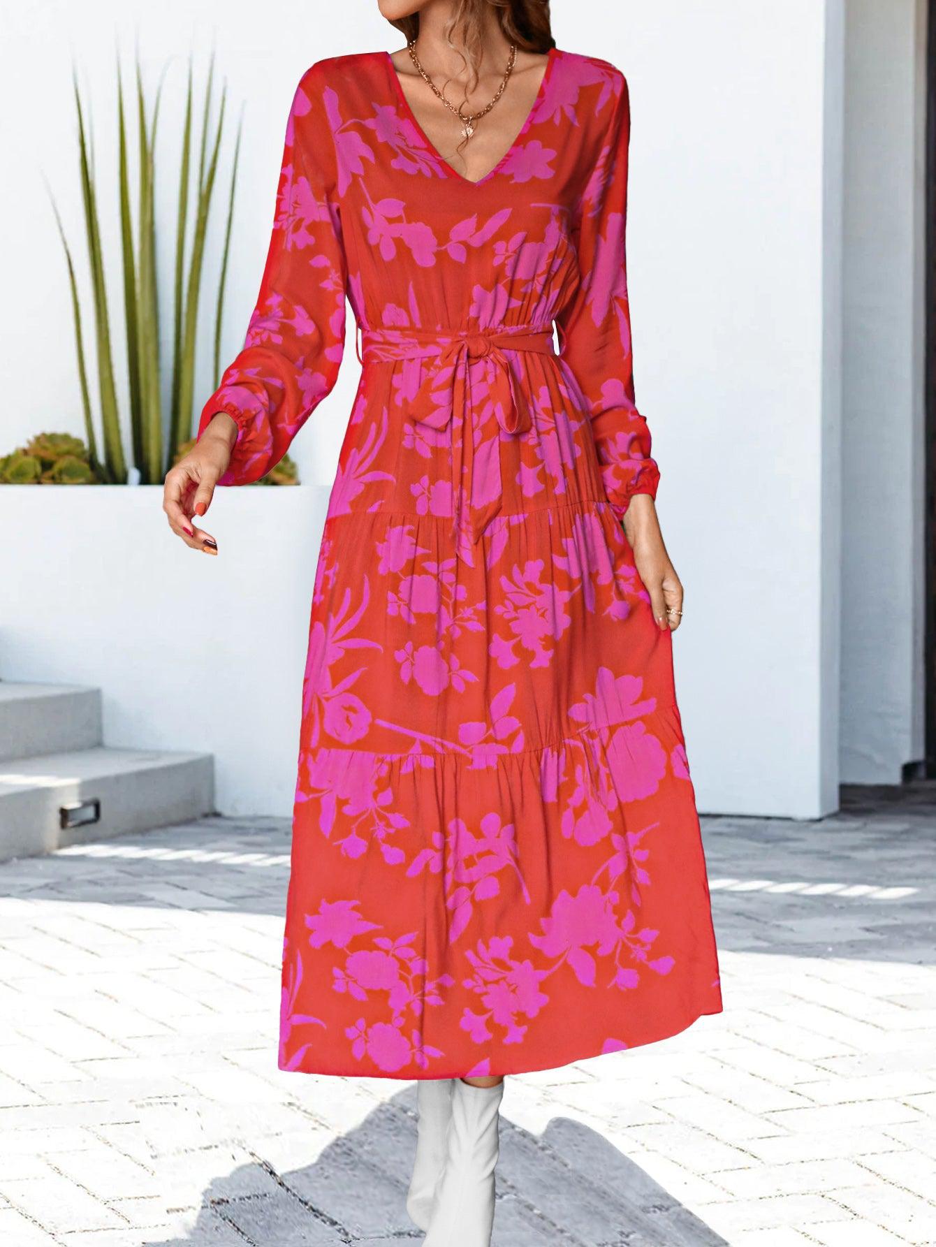 Floral V-Neck Long Sleeve Dress BLUE ZONE PLANET