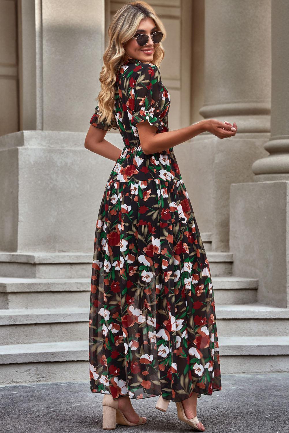 Floral V-Neck Short Flounce Sleeve Dress BLUE ZONE PLANET