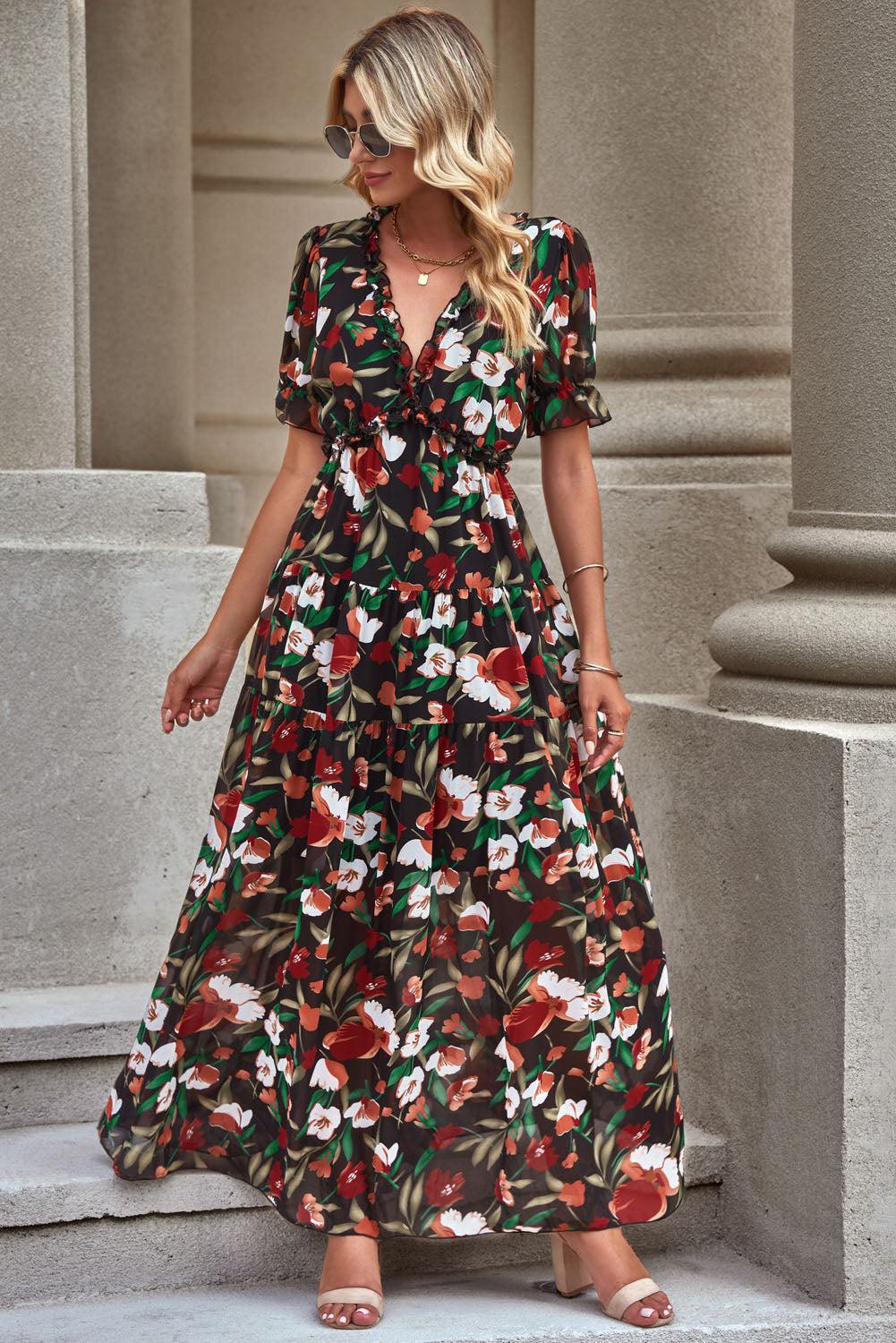 Floral V-Neck Short Flounce Sleeve Dress BLUE ZONE PLANET
