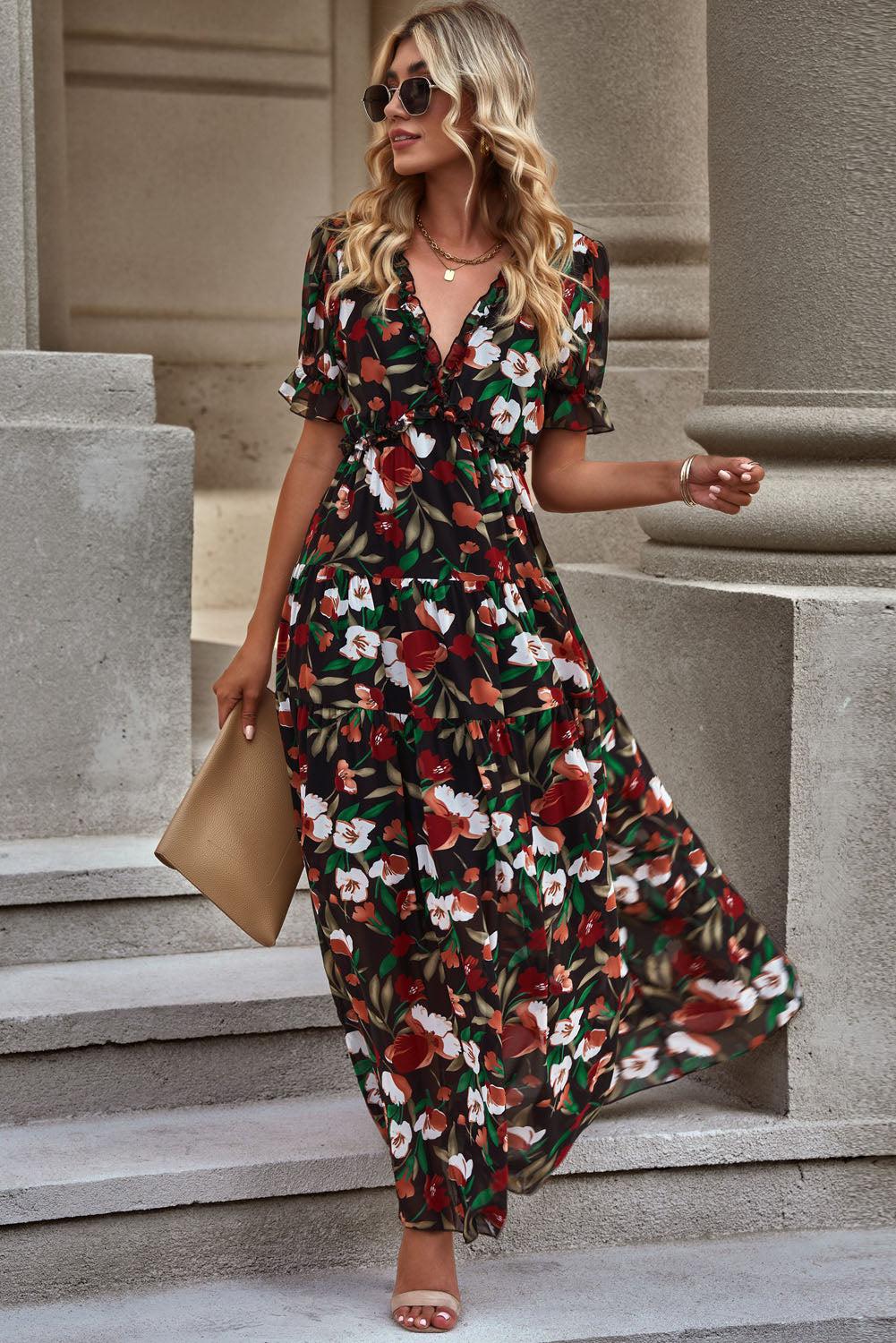 Floral V-Neck Short Flounce Sleeve Dress BLUE ZONE PLANET