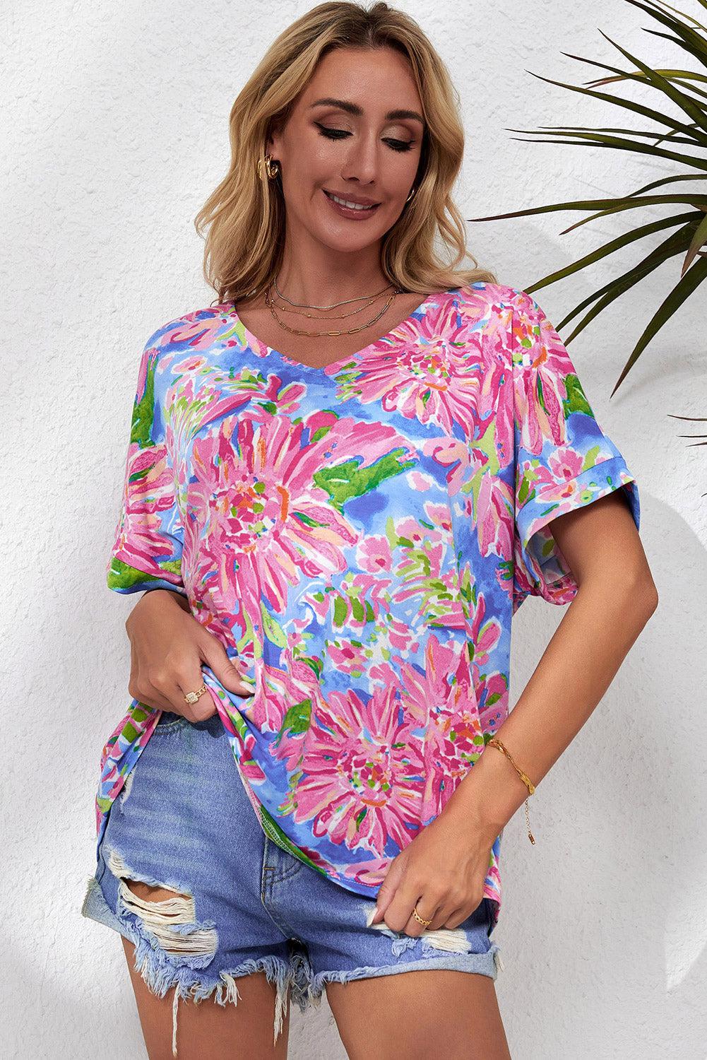 Floral V-Neck Short Sleeve Blouse BLUE ZONE PLANET