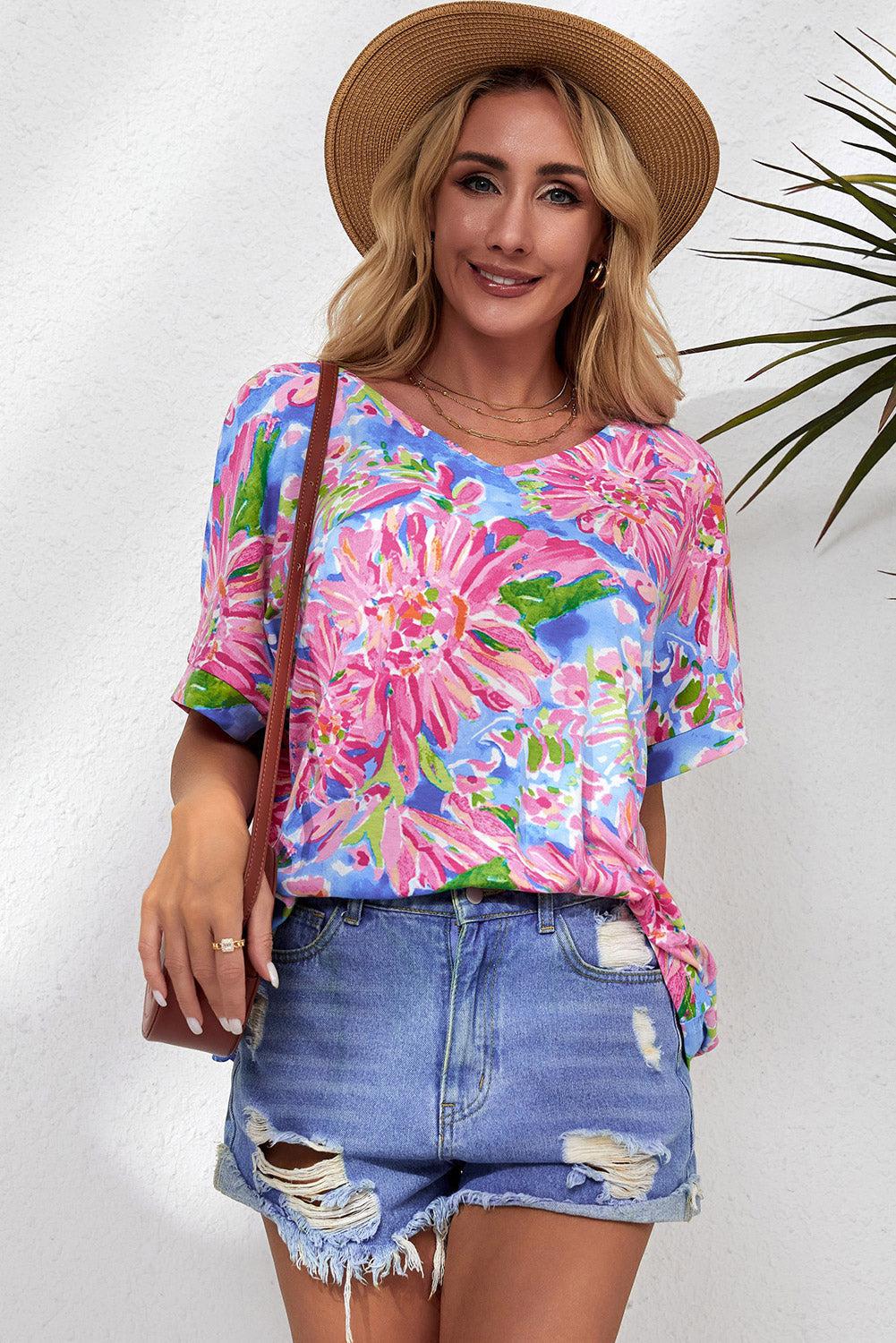 Floral V-Neck Short Sleeve Blouse BLUE ZONE PLANET