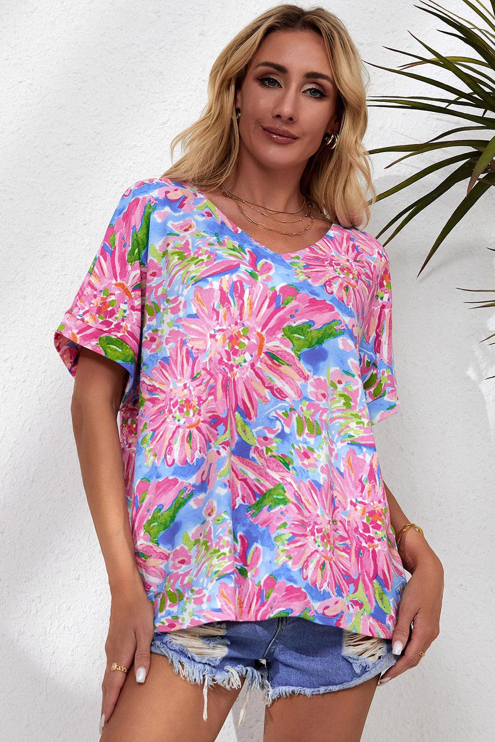 Floral V-Neck Short Sleeve Blouse BLUE ZONE PLANET