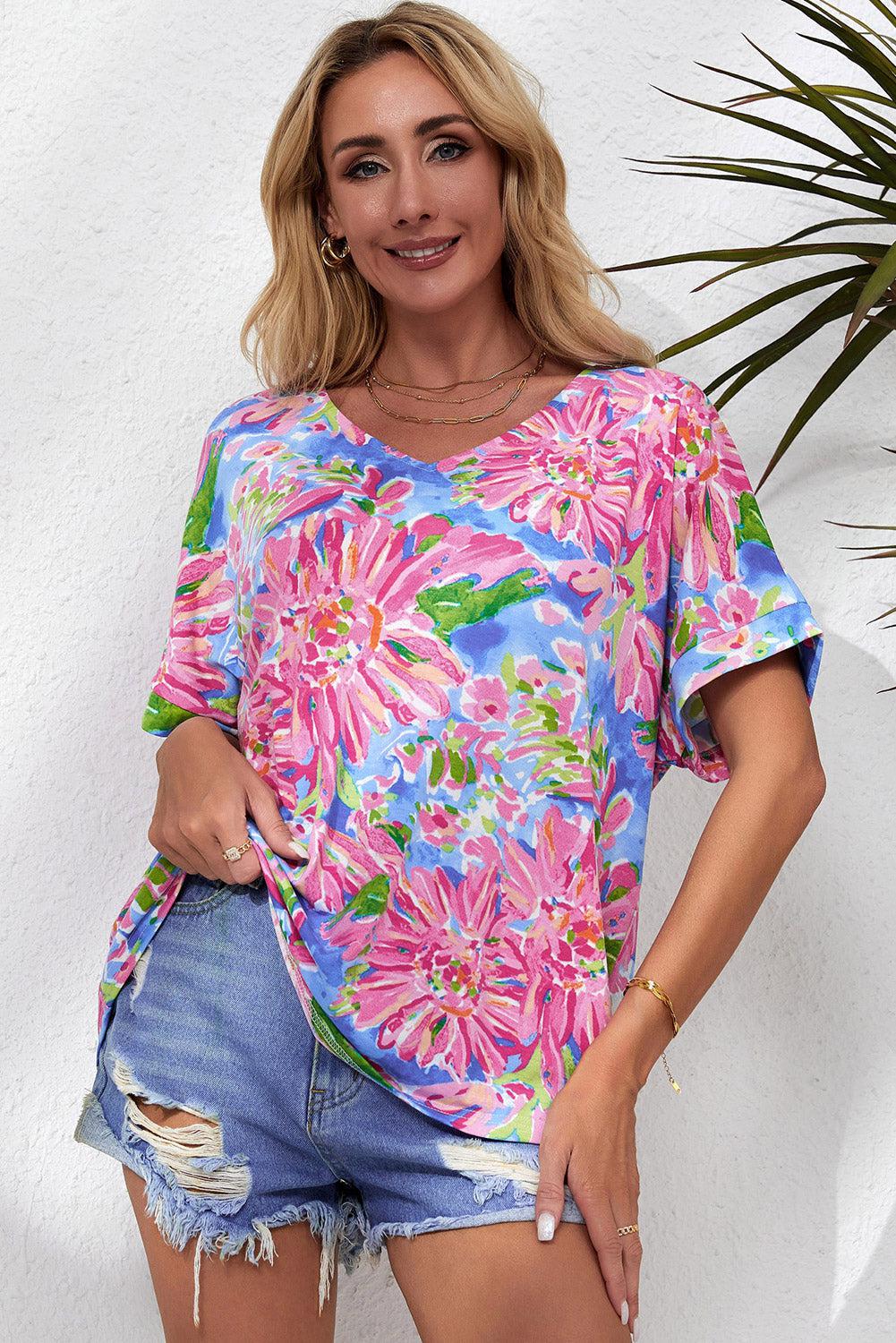 Floral V-Neck Short Sleeve Blouse BLUE ZONE PLANET