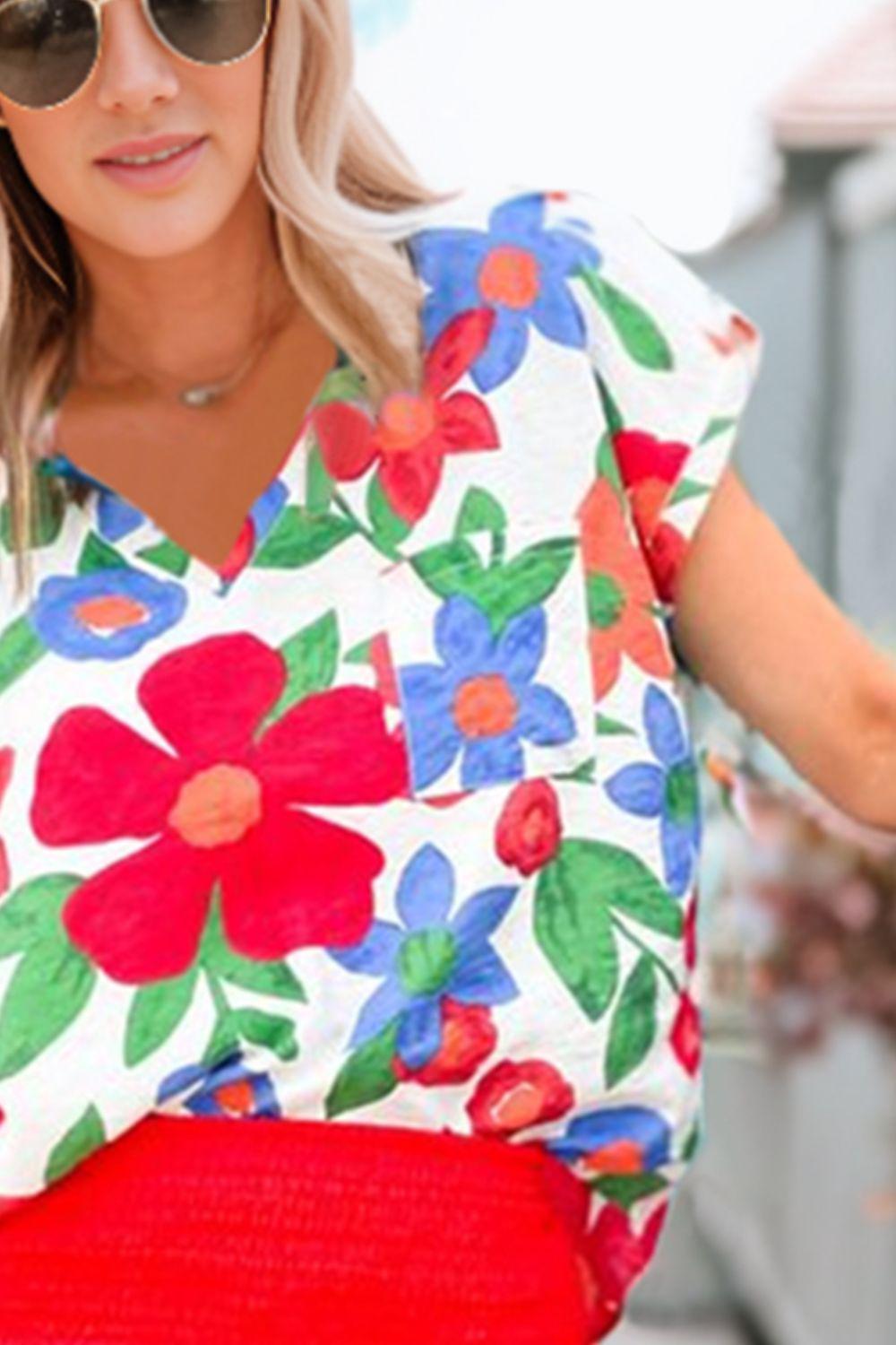 Floral V-Neck Short Sleeve Top BLUE ZONE PLANET