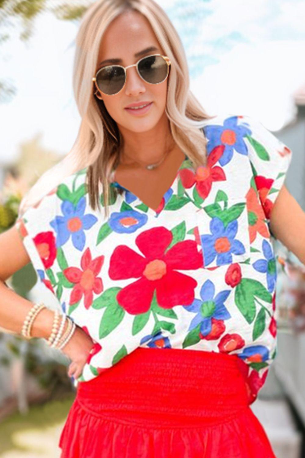 Floral V-Neck Short Sleeve Top BLUE ZONE PLANET