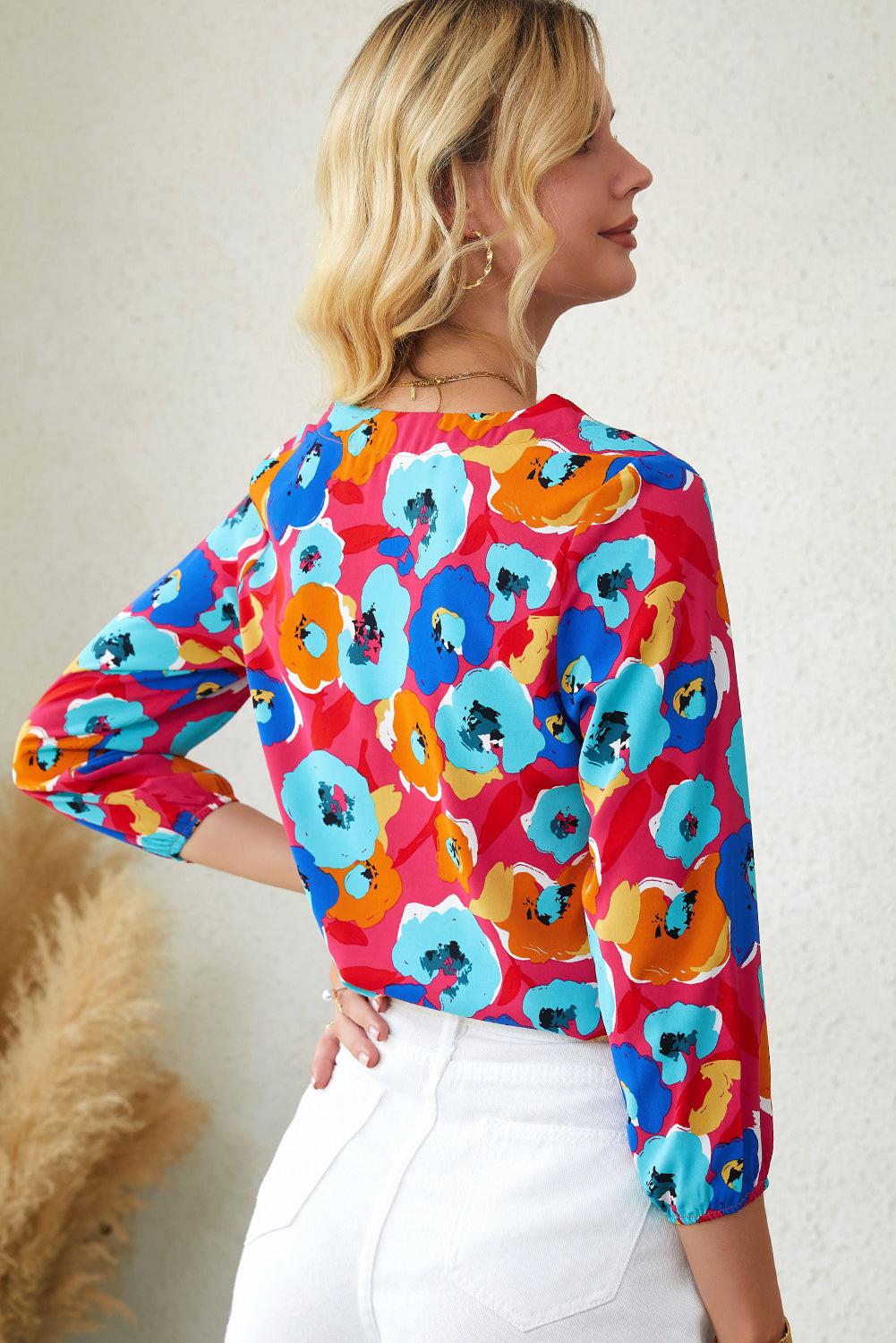 Floral V-Neck Three-Quarter Sleeve Top BLUE ZONE PLANET