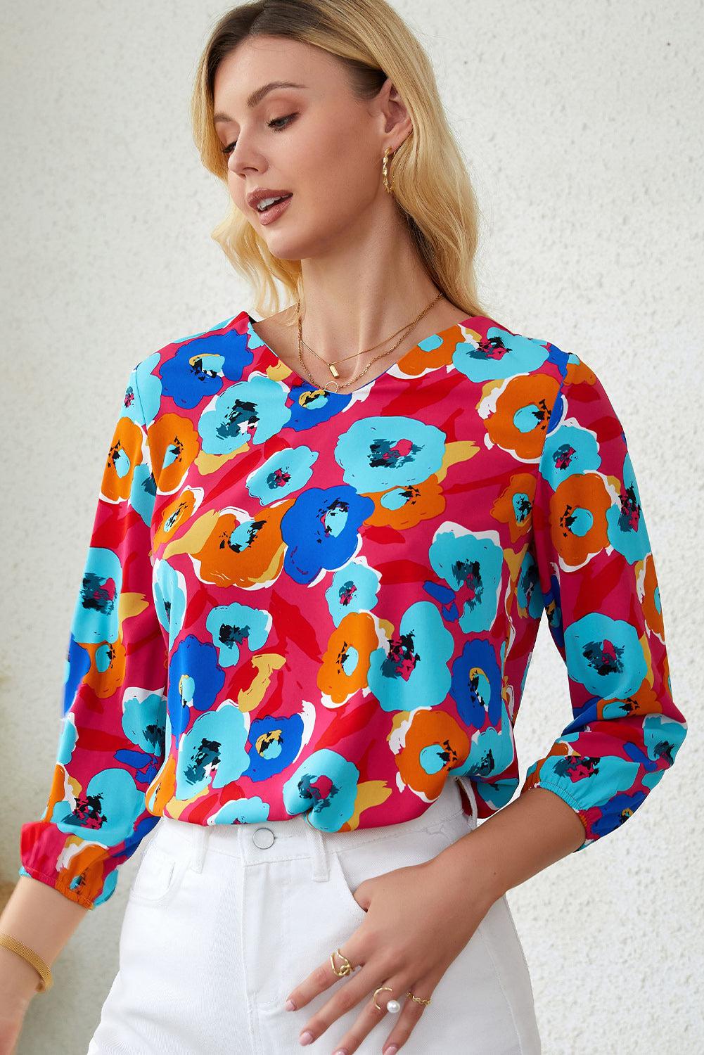 Floral V-Neck Three-Quarter Sleeve Top BLUE ZONE PLANET