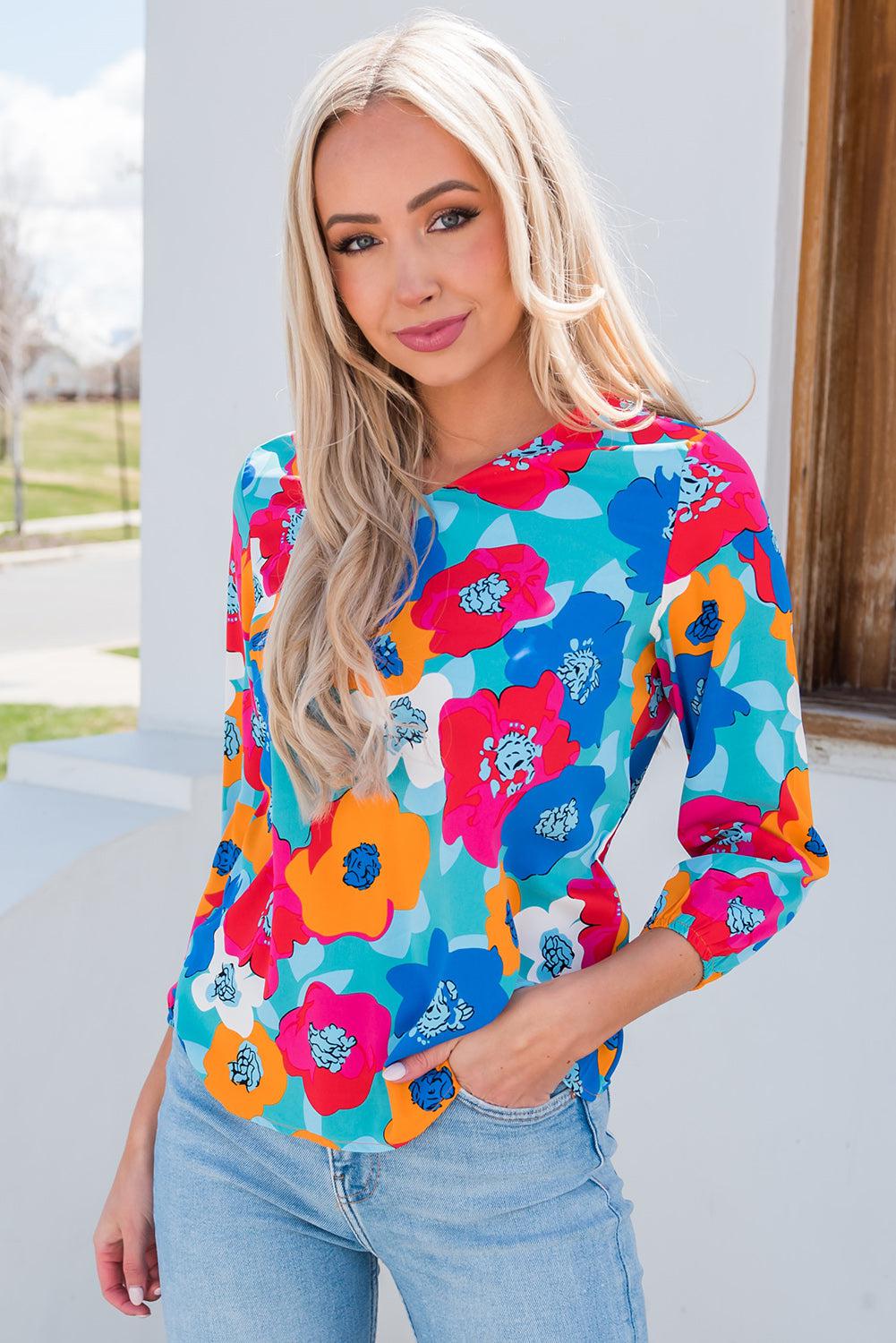 Floral V-Neck Three-Quarter Sleeve Top BLUE ZONE PLANET