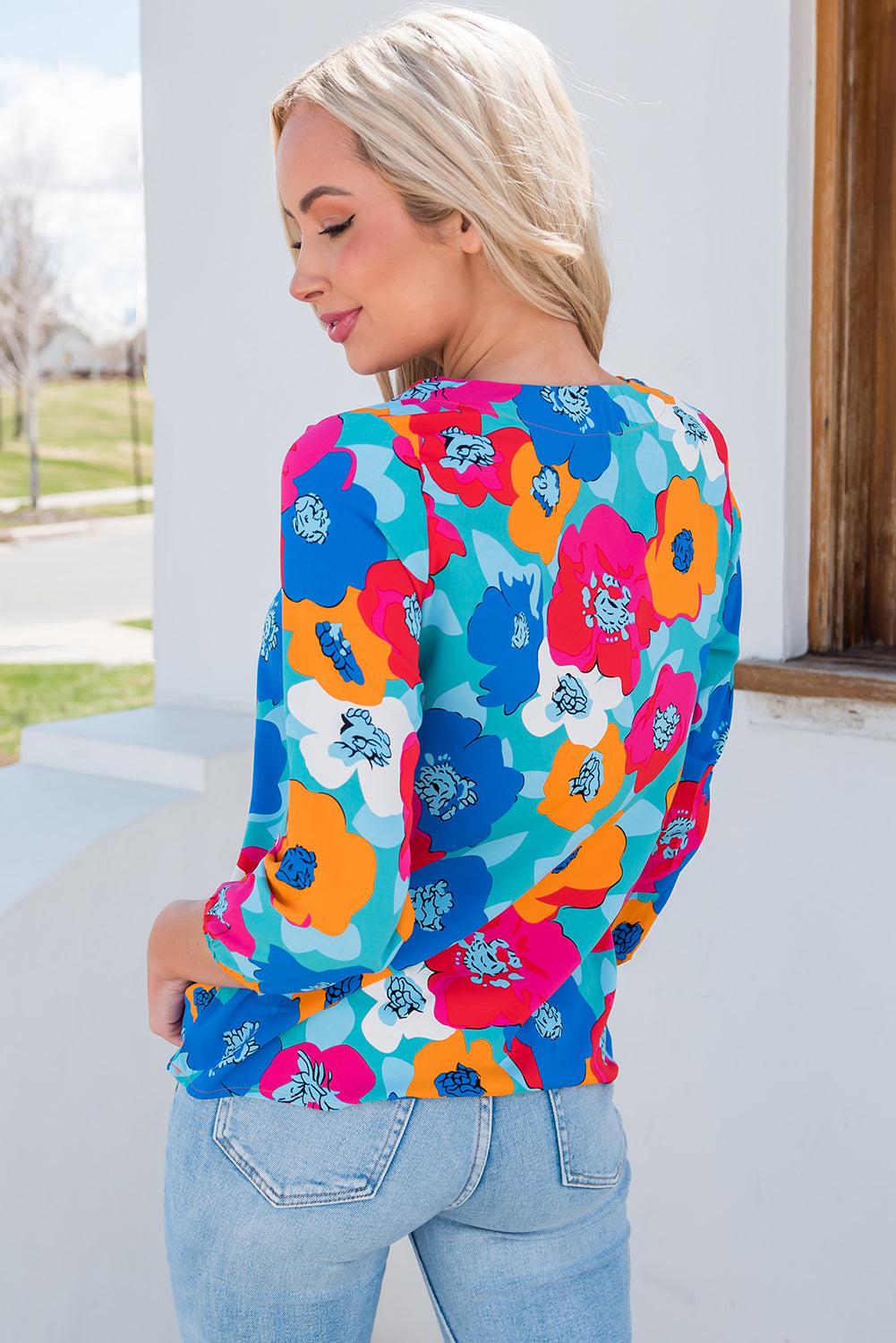 Floral V-Neck Three-Quarter Sleeve Top BLUE ZONE PLANET