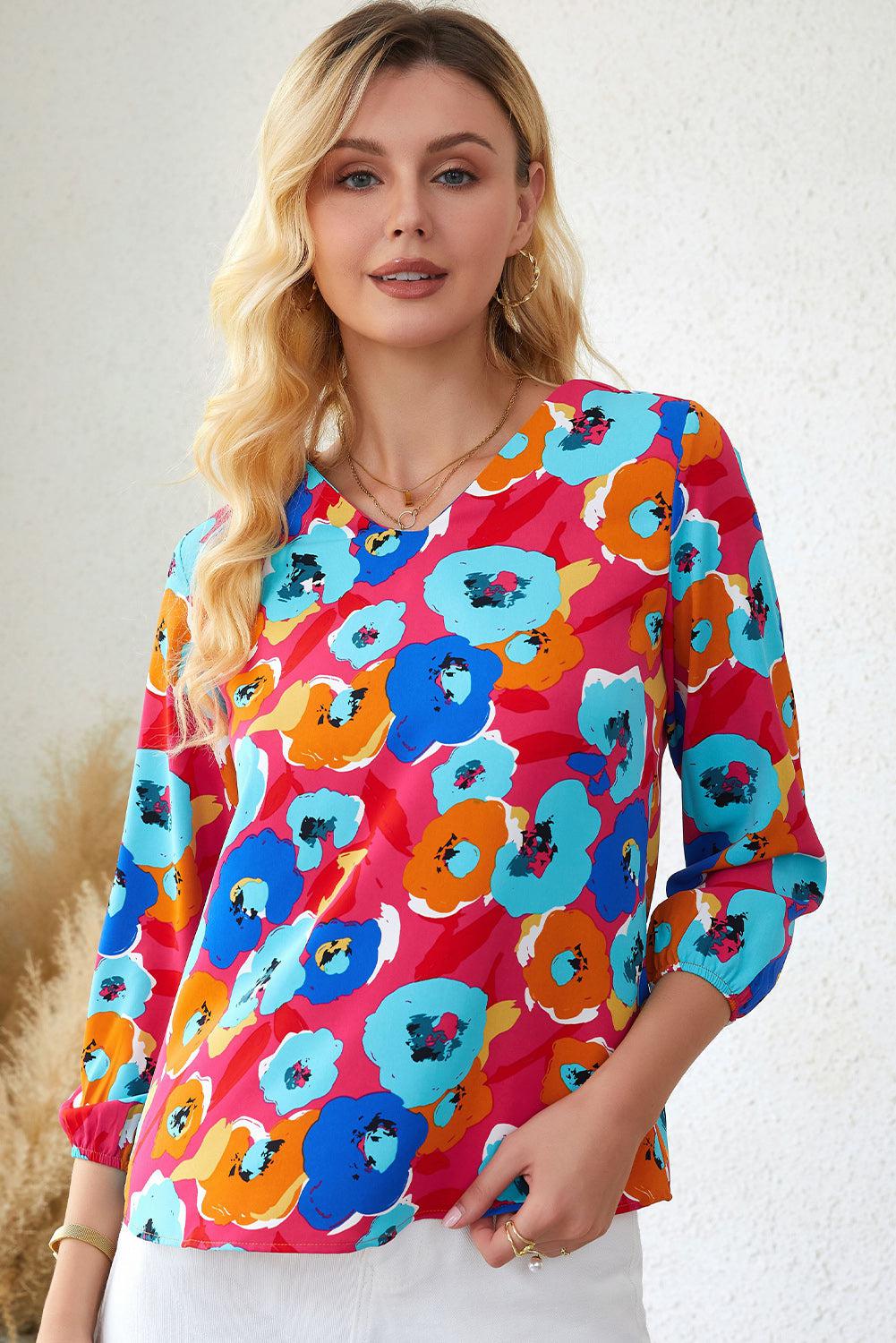 Floral V-Neck Three-Quarter Sleeve Top BLUE ZONE PLANET