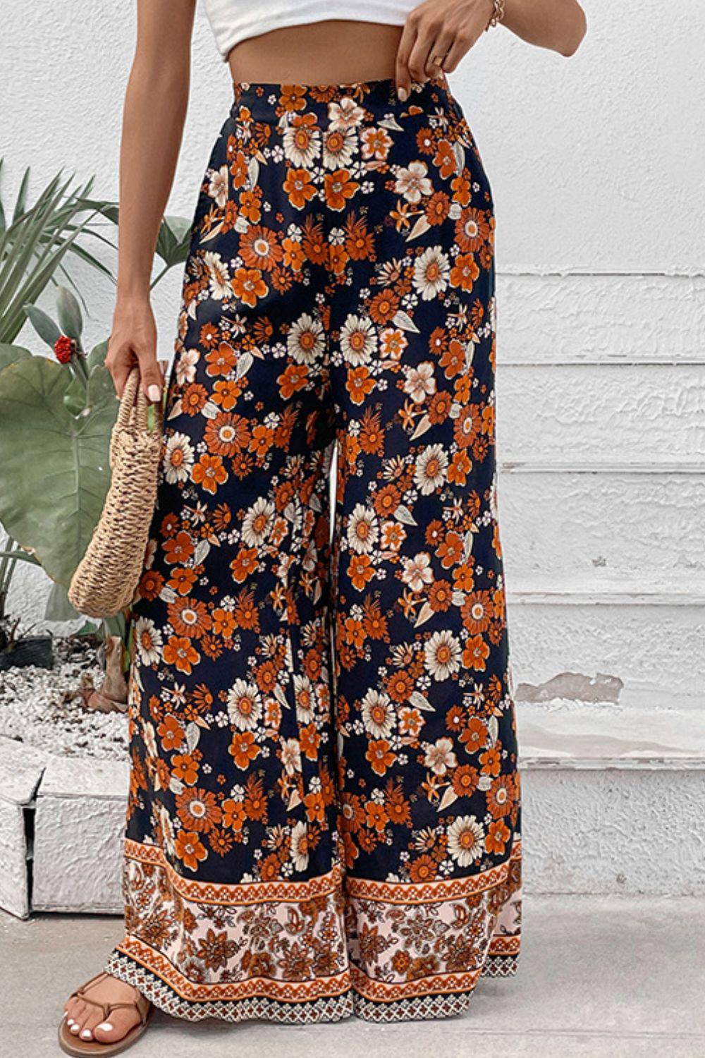 Floral Wide Leg Pants with Pockets - Blue Zone Planet