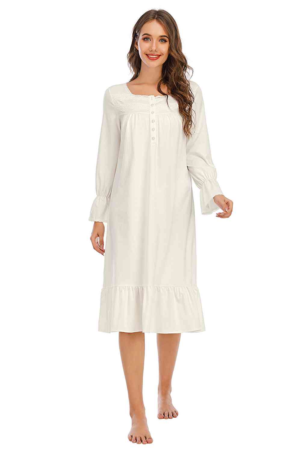 Flounce Sleeve Ruffle Hem Night Dress BLUE ZONE PLANET