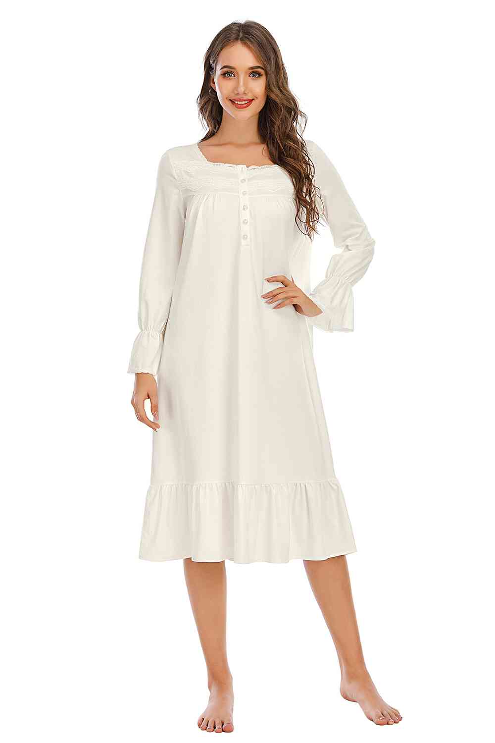 Flounce Sleeve Ruffle Hem Night Dress BLUE ZONE PLANET