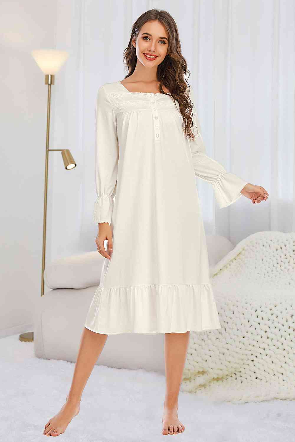 Flounce Sleeve Ruffle Hem Night Dress BLUE ZONE PLANET