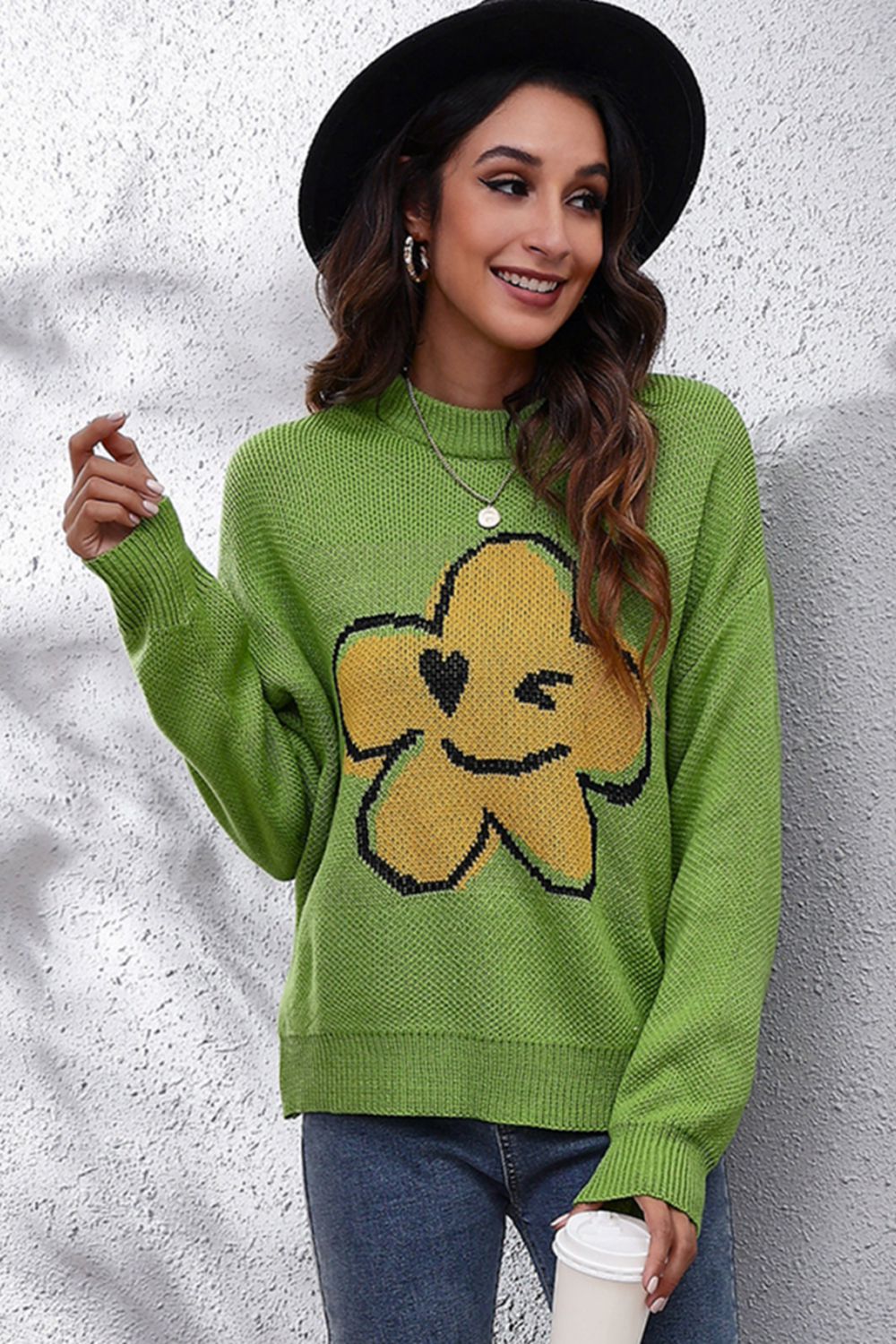 Flower Graphic Drop Shoulder Sweater BLUE ZONE PLANET