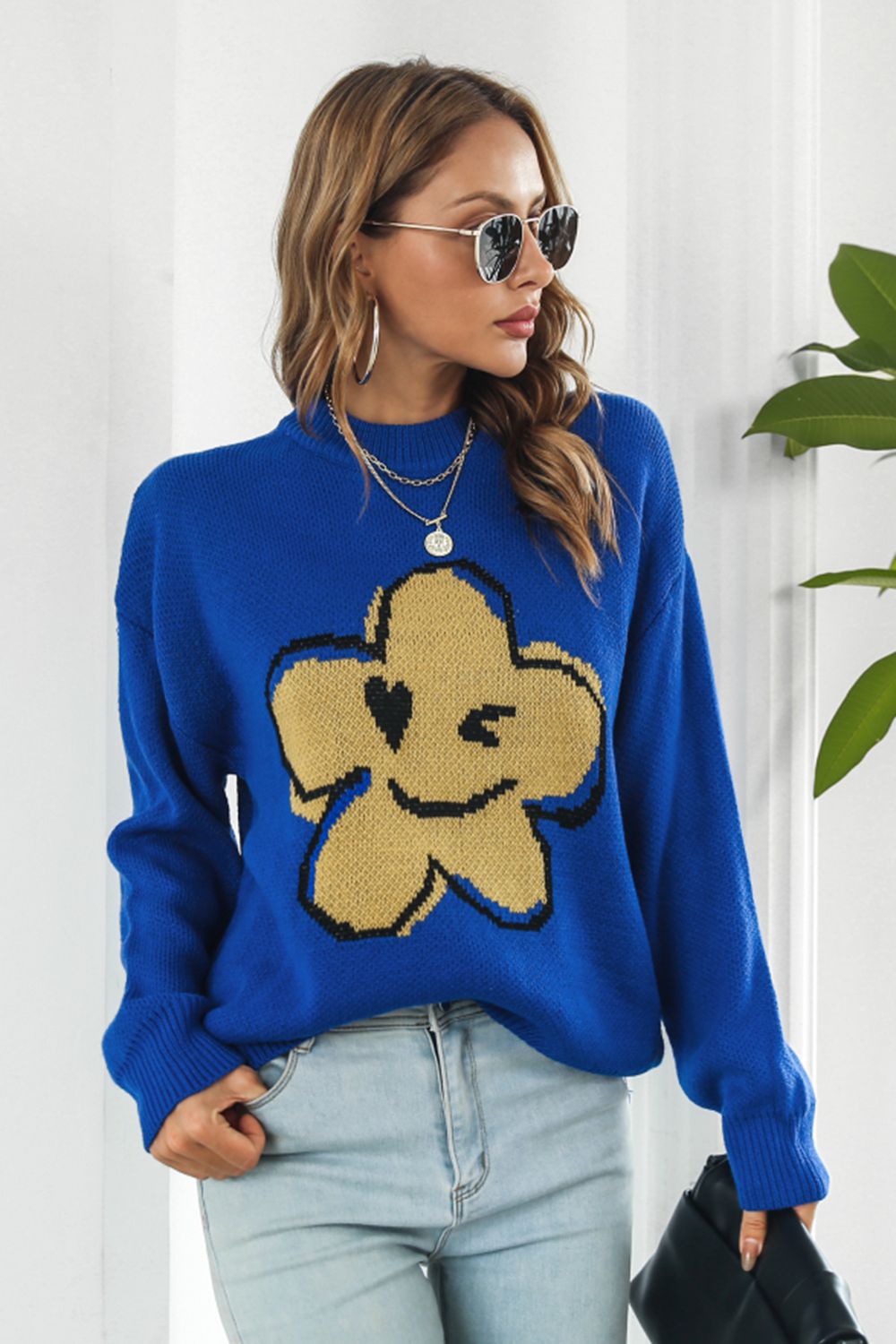 Flower Graphic Drop Shoulder Sweater BLUE ZONE PLANET