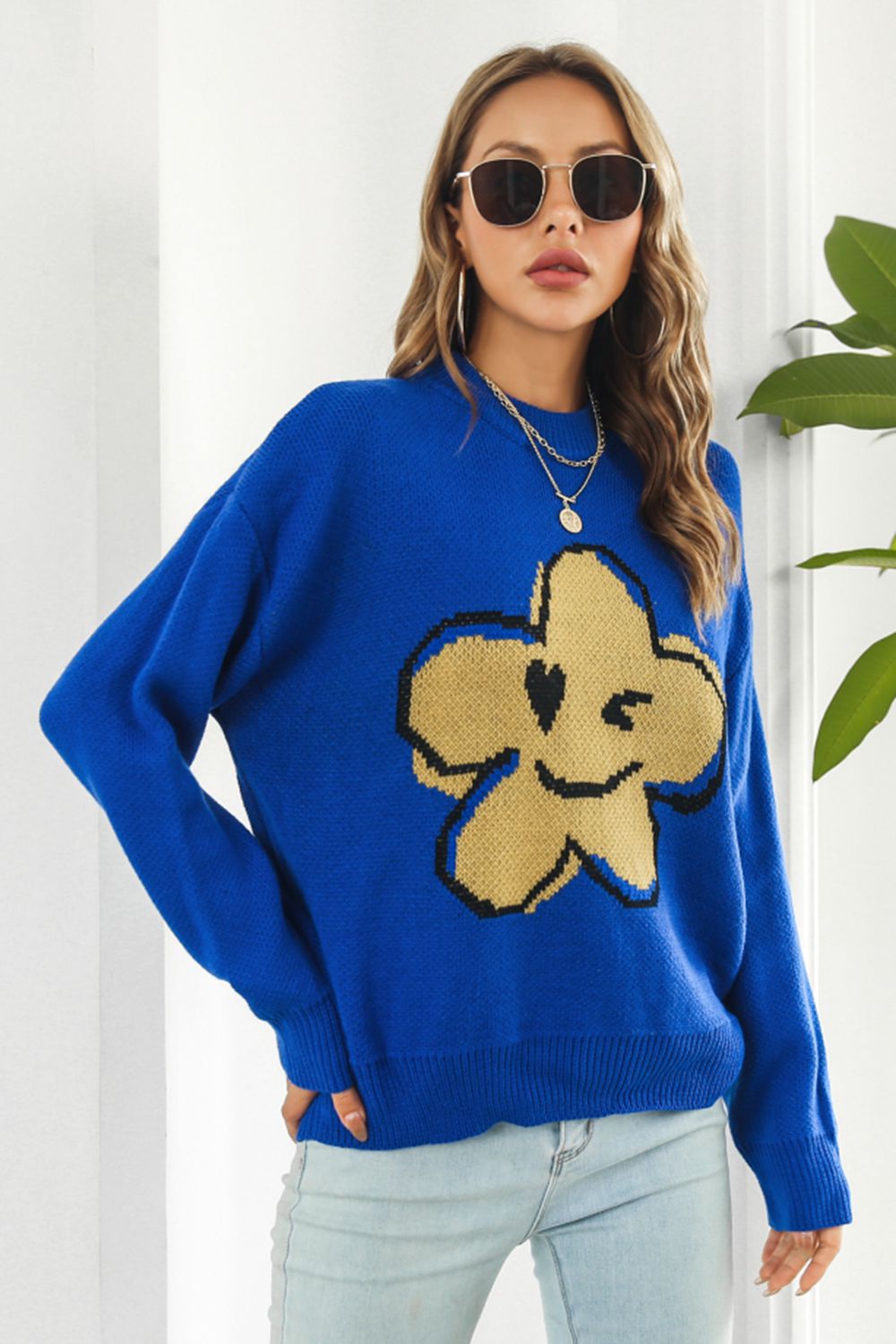 Flower Graphic Drop Shoulder Sweater BLUE ZONE PLANET
