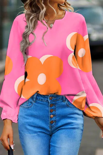 Flower Notched Balloon Sleeve Blouse BLUE ZONE PLANET
