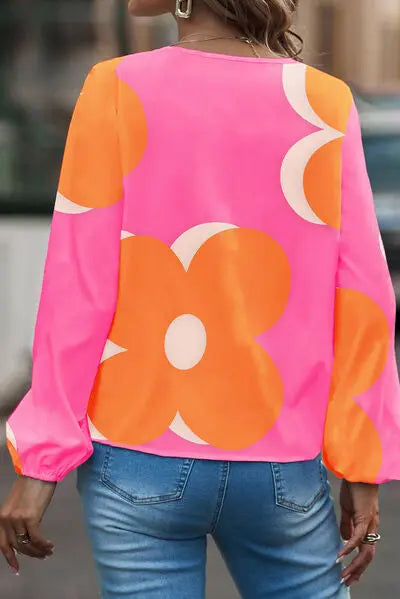 Flower Notched Balloon Sleeve Blouse BLUE ZONE PLANET