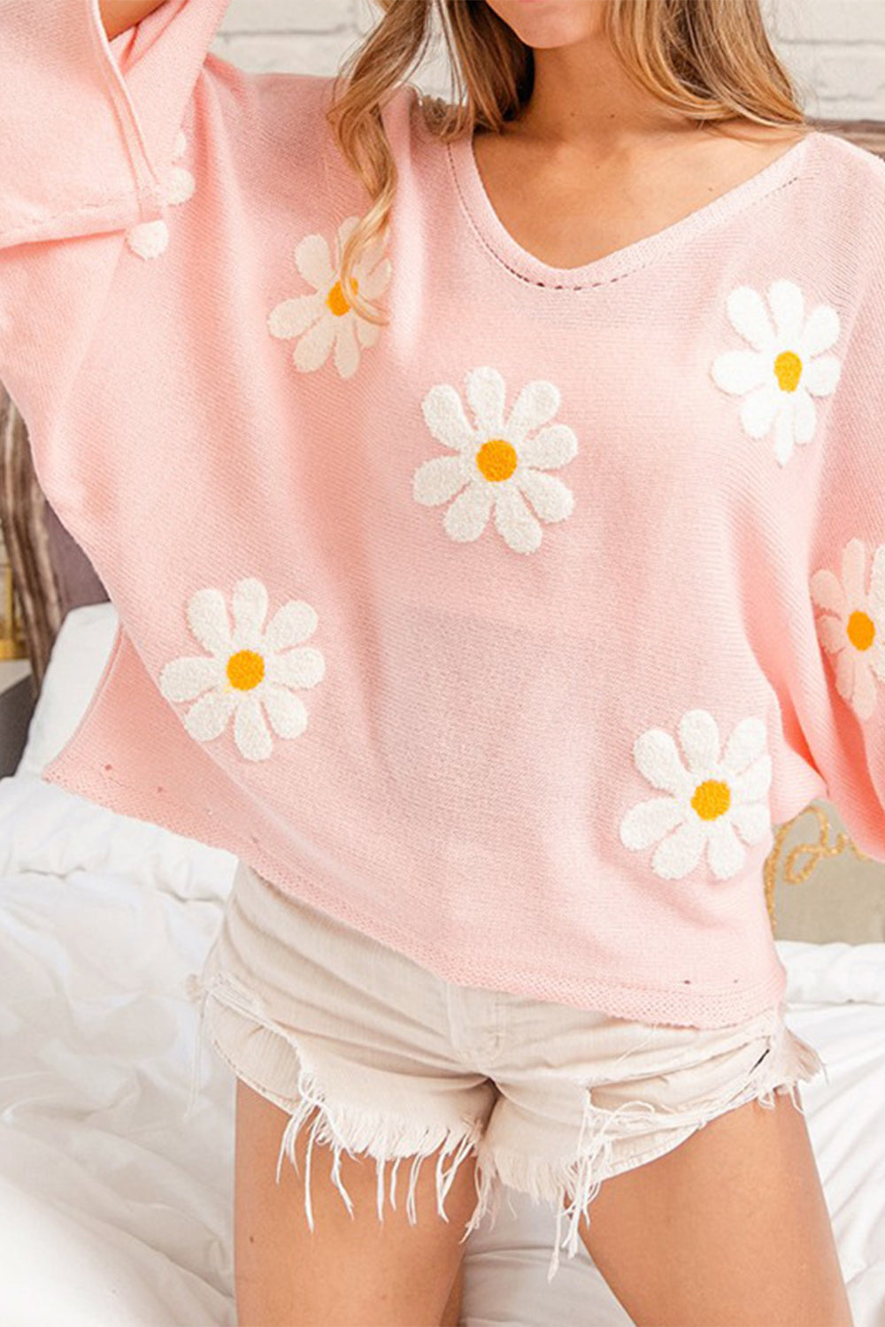 Flower Pattern Long Sleeve Sweater BLUE ZONE PLANET