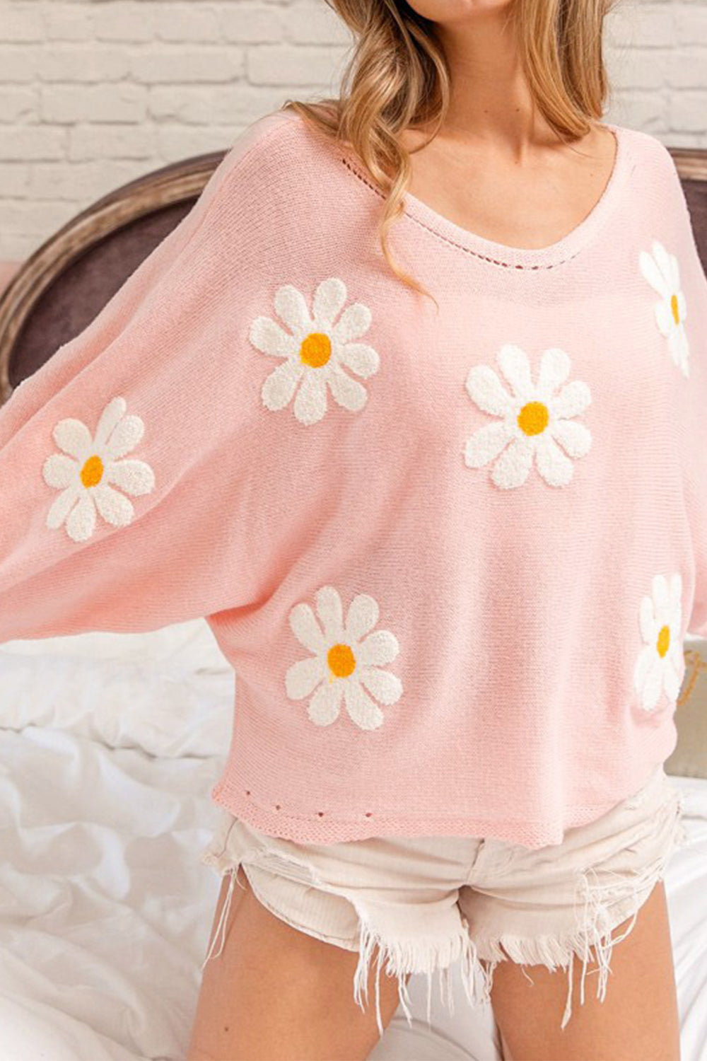 Flower Pattern Long Sleeve Sweater BLUE ZONE PLANET
