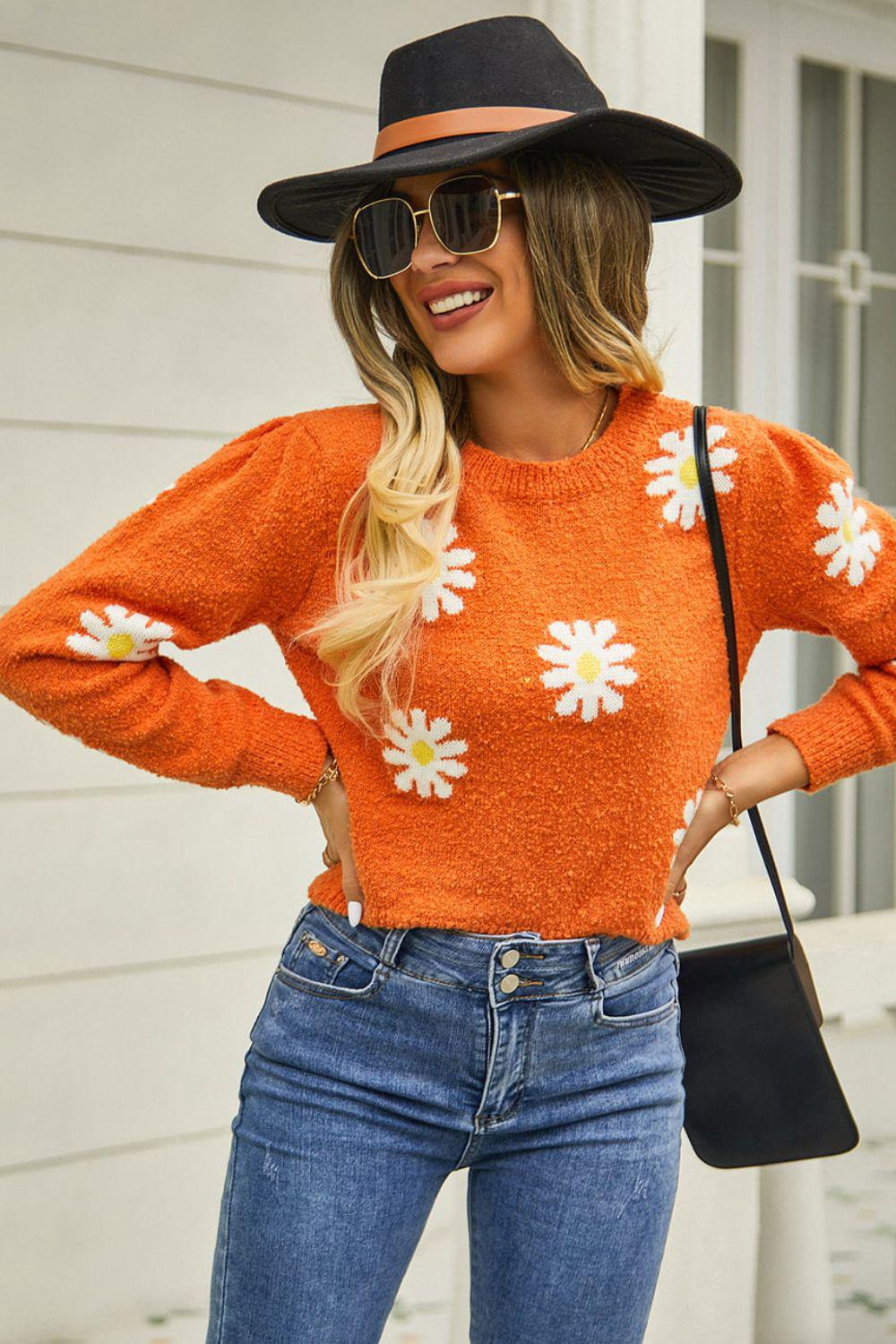 Flower Pattern Round Neck Short Sleeve Pullover Sweater BLUE ZONE PLANET