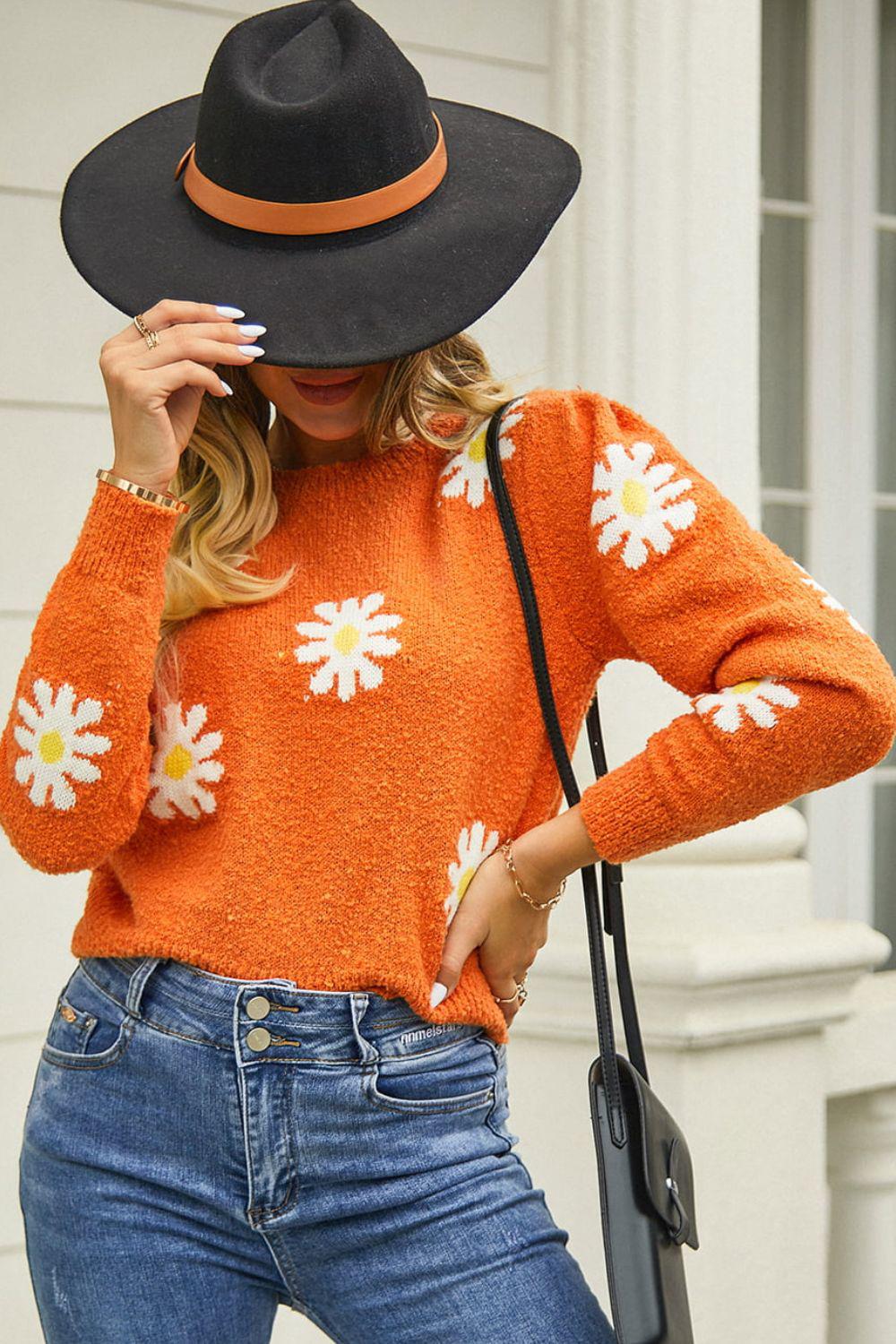 Flower Pattern Round Neck Short Sleeve Pullover Sweater BLUE ZONE PLANET