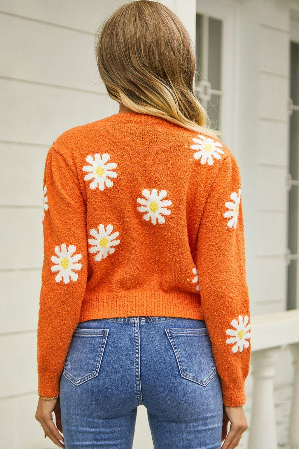Flower Pattern Round Neck Short Sleeve Pullover Sweater BLUE ZONE PLANET