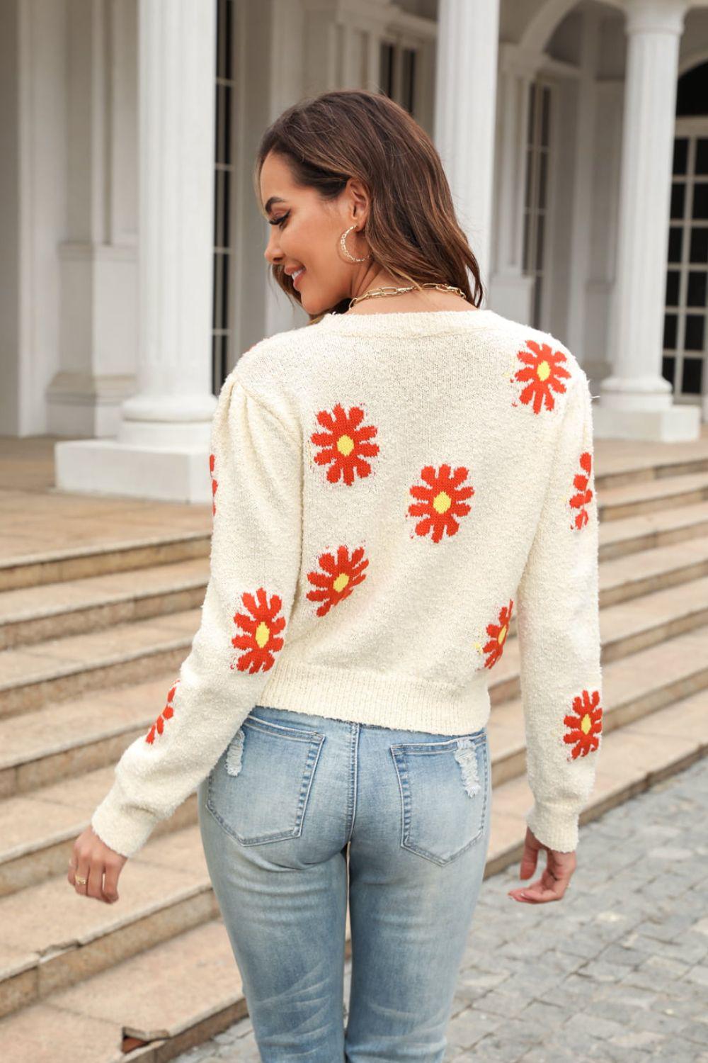 Flower Pattern Round Neck Short Sleeve Pullover Sweater BLUE ZONE PLANET