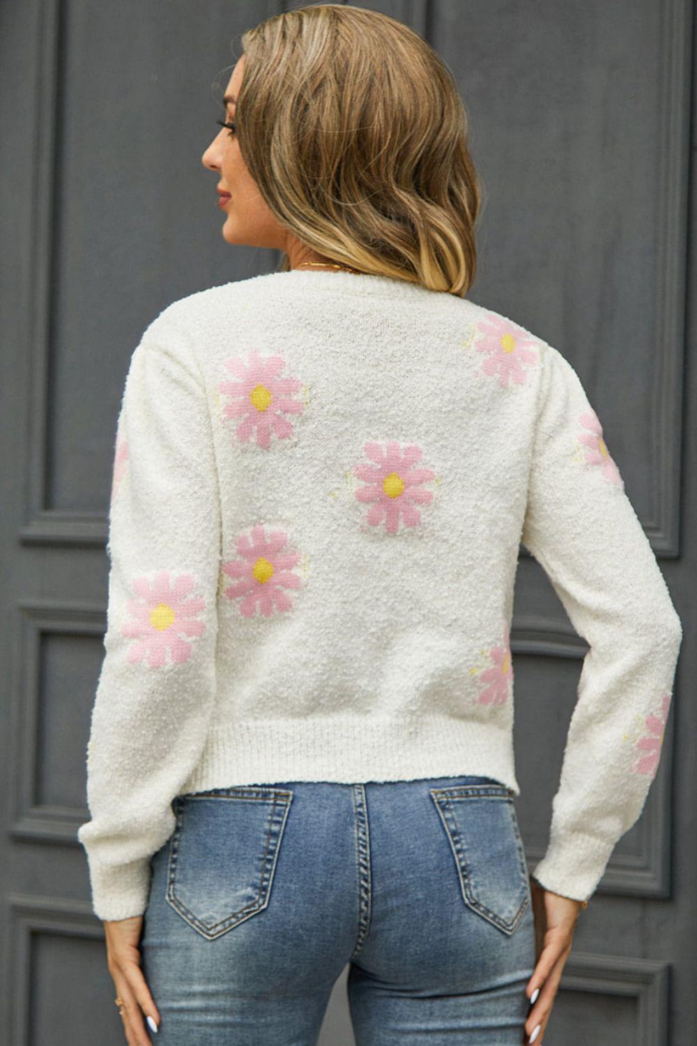 Flower Pattern Round Neck Short Sleeve Pullover Sweater BLUE ZONE PLANET