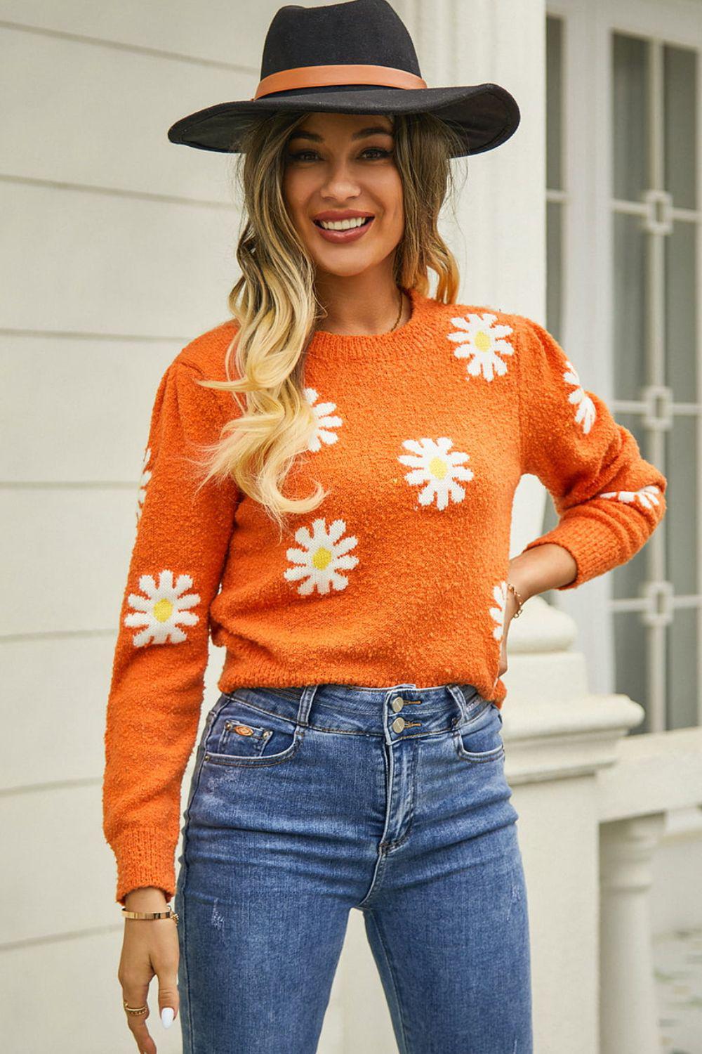 Flower Pattern Round Neck Short Sleeve Pullover Sweater BLUE ZONE PLANET