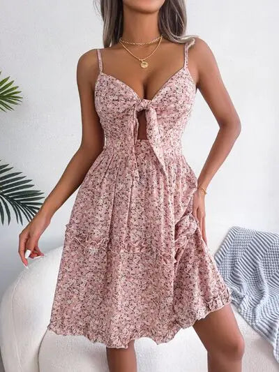 Frill Ditsy Floral Spaghetti Strap Mini Dress BLUE ZONE PLANET