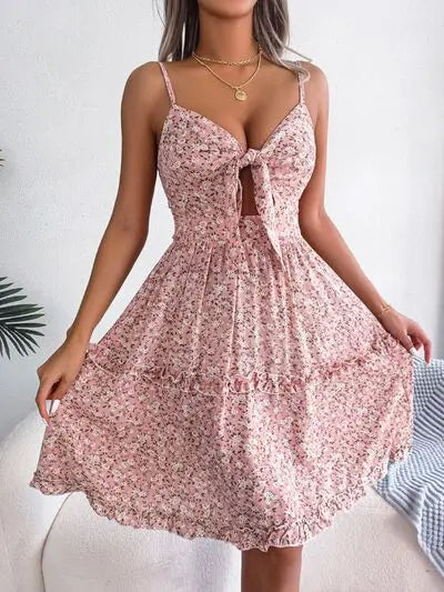 Frill Ditsy Floral Spaghetti Strap Mini Dress BLUE ZONE PLANET