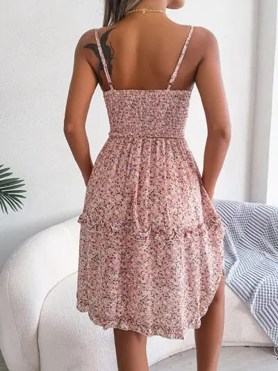 Frill Ditsy Floral Spaghetti Strap Mini Dress BLUE ZONE PLANET