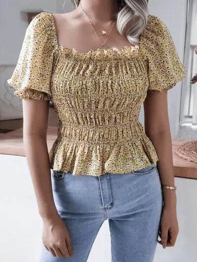 Frill Smocked Square Neck Short Sleeve Blouse BLUE ZONE PLANET