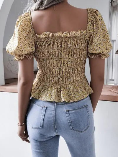 Frill Smocked Square Neck Short Sleeve Blouse BLUE ZONE PLANET