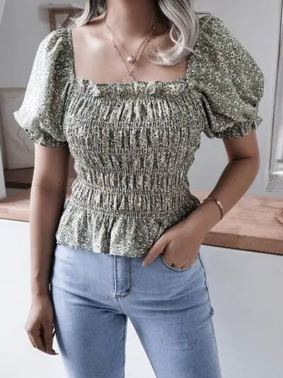 Frill Smocked Square Neck Short Sleeve Blouse BLUE ZONE PLANET