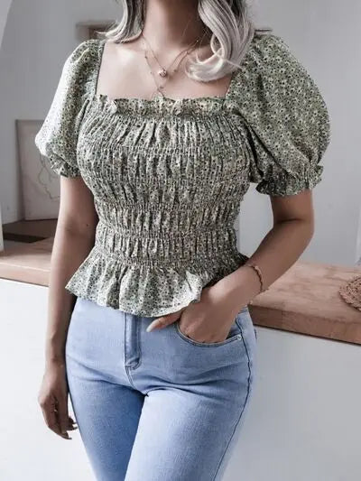 Frill Smocked Square Neck Short Sleeve Blouse BLUE ZONE PLANET