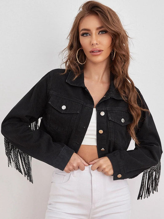 Fringe Detail Collared Neck Cropped Denim Jacket BLUE ZONE PLANET