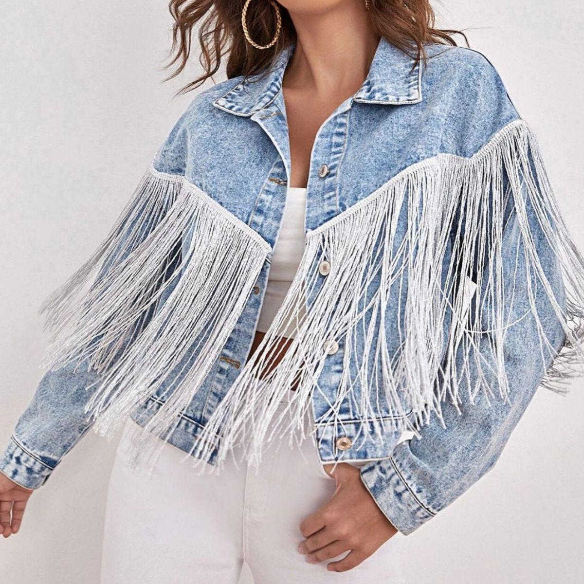 Fringe Detail Collared Neck Long Sleeve Denim Jacket BLUE ZONE PLANET