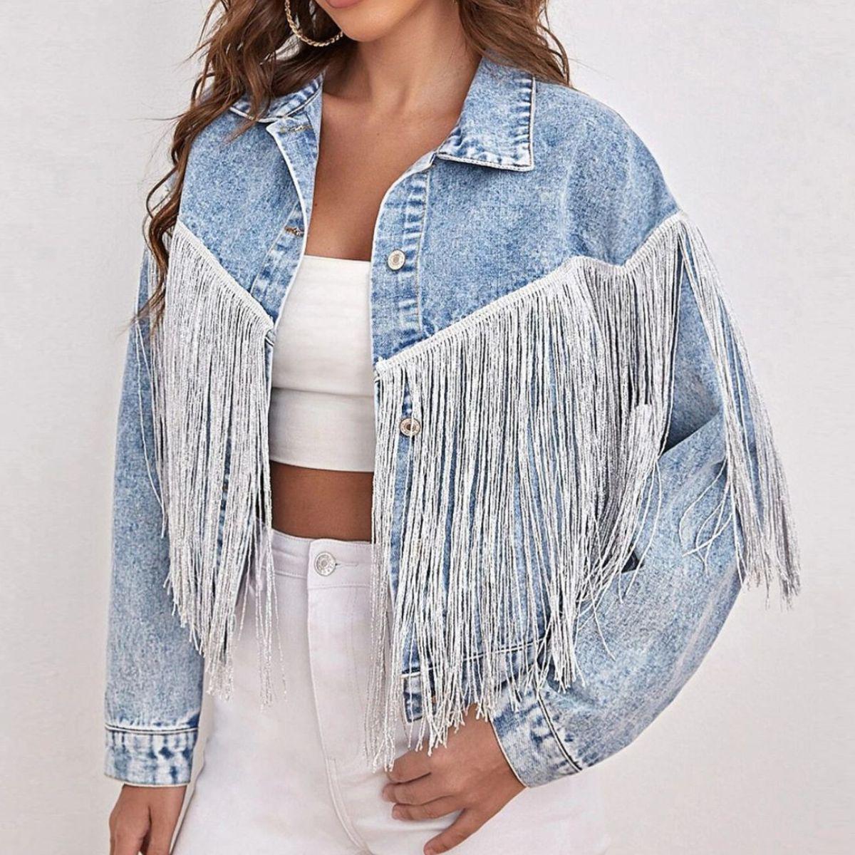 Fringe Detail Collared Neck Long Sleeve Denim Jacket BLUE ZONE PLANET