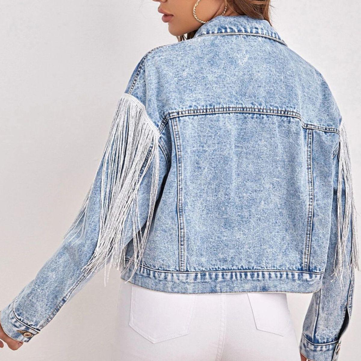 Fringe Detail Collared Neck Long Sleeve Denim Jacket BLUE ZONE PLANET