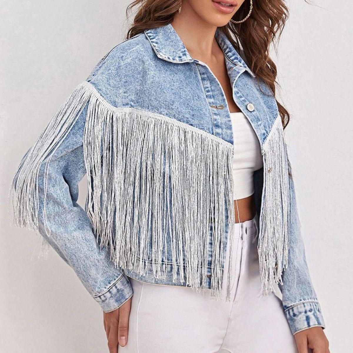 Fringe Detail Collared Neck Long Sleeve Denim Jacket BLUE ZONE PLANET