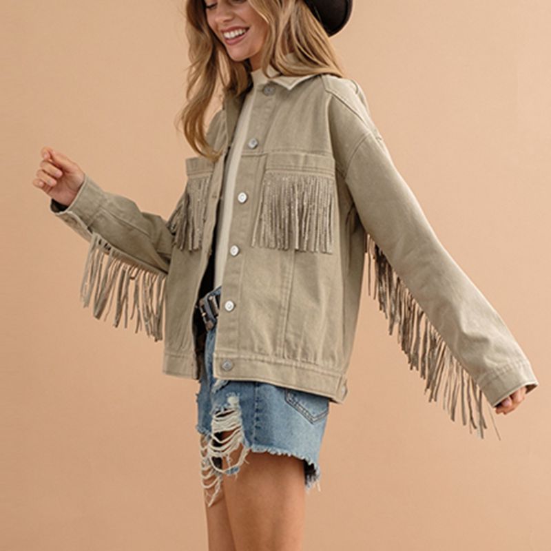 Fringe Detail Dropped Shoulder Denim Jacket BLUE ZONE PLANET