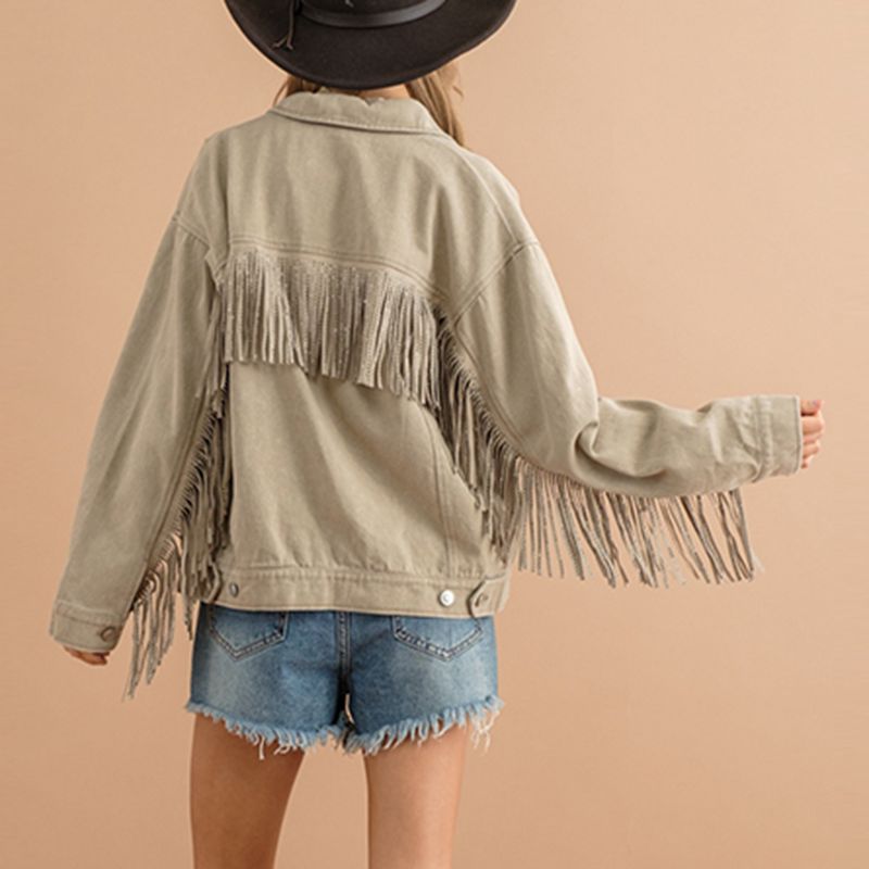 Fringe Detail Dropped Shoulder Denim Jacket BLUE ZONE PLANET