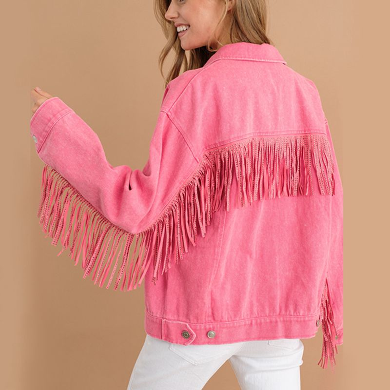 Fringe Detail Dropped Shoulder Denim Jacket BLUE ZONE PLANET