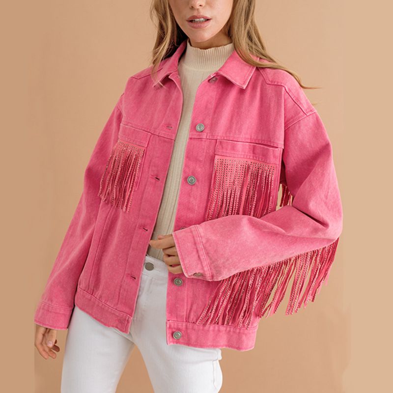 Fringe Detail Dropped Shoulder Denim Jacket BLUE ZONE PLANET
